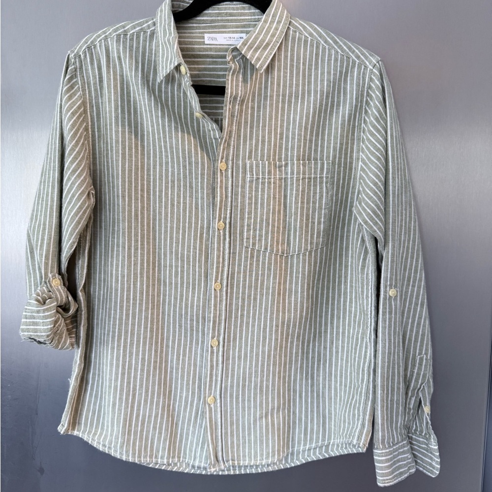 Zara Kids Striped Button Down Shirt - Green and White